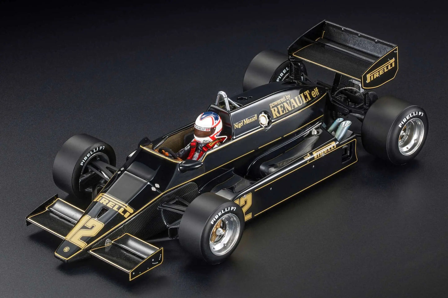 GP REPLICAS 1:18 Lotus F1 93T Renault #12 Test Season (With Pilot Figure) 1983 Nigel Mansell Black Gold GP Replicas